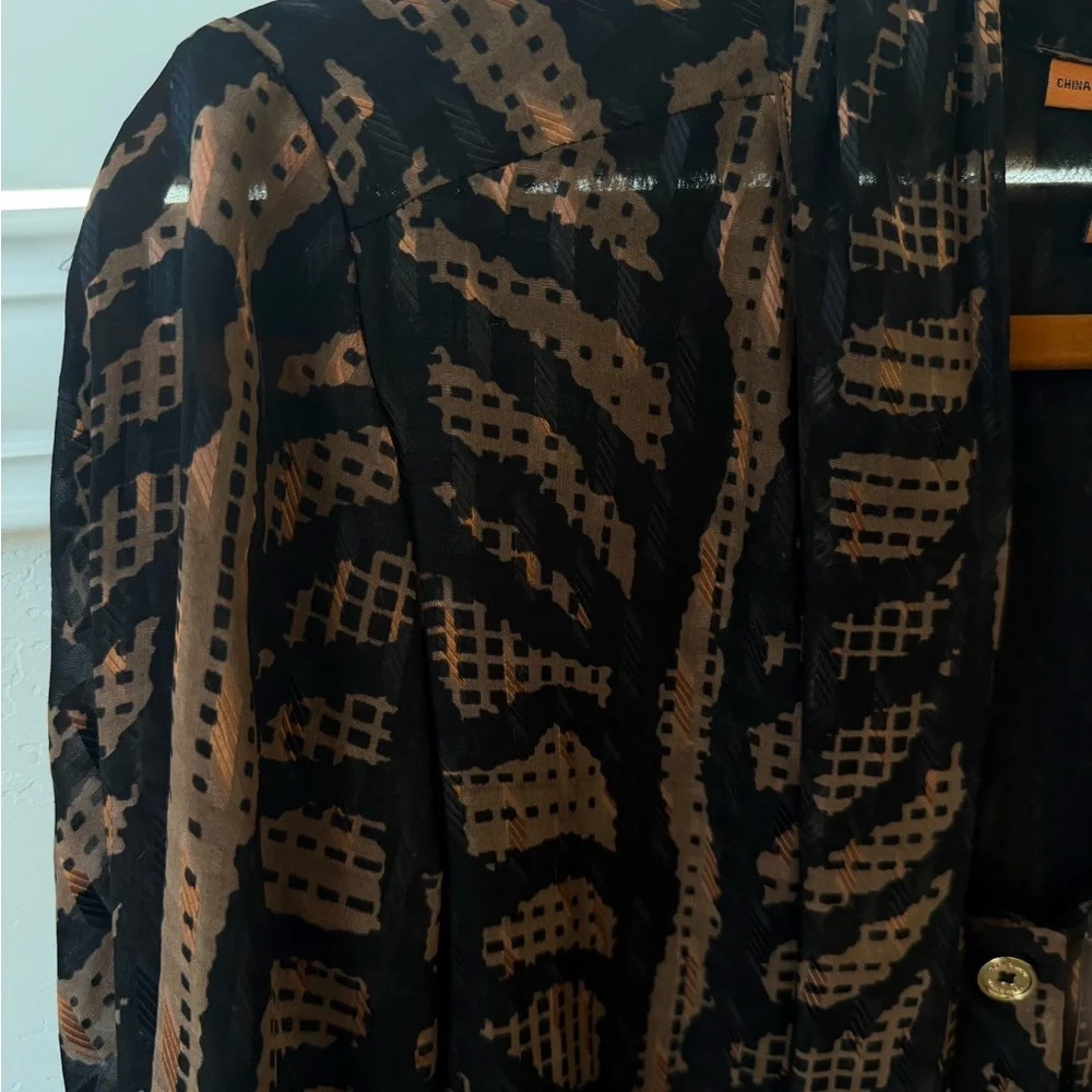 Tory Burch Silk Blend Printed Tie Neck Blouse Black Brown Size 12